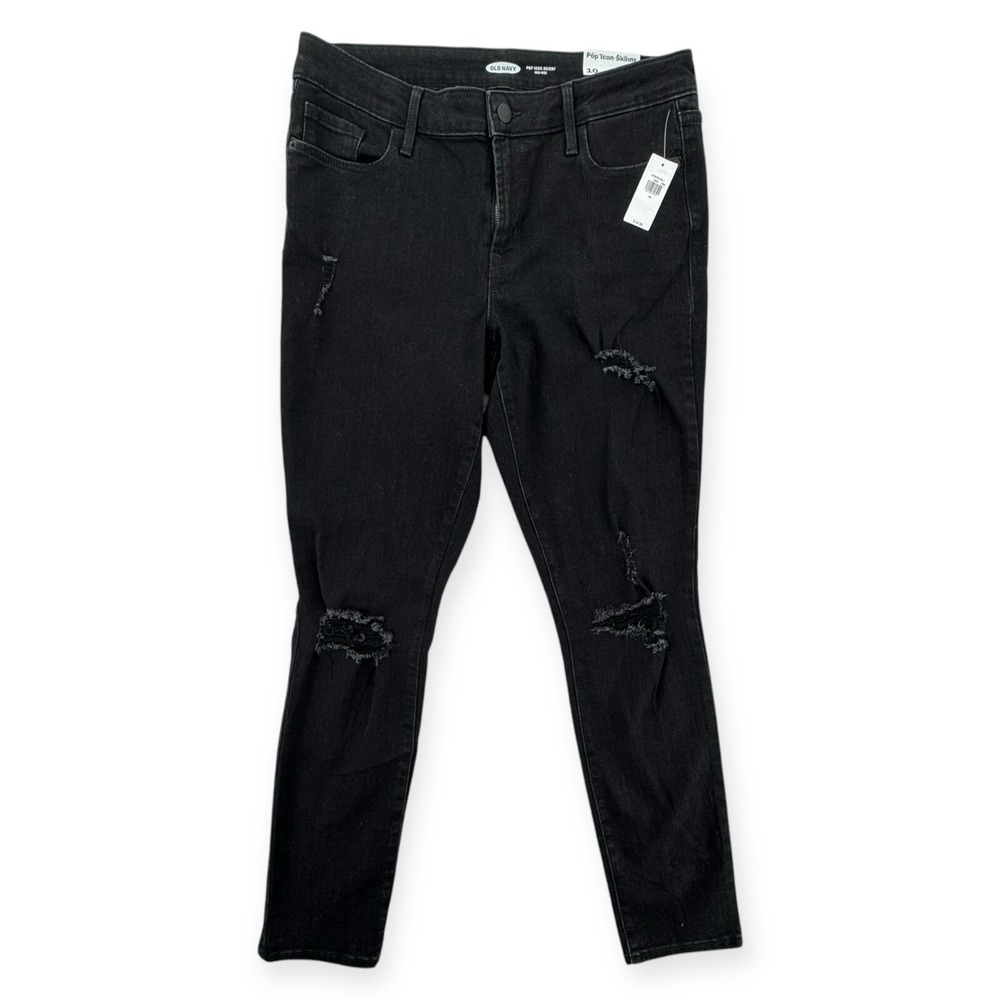Old Navy Pop Icon Skinny Jeans Womens 10 Black Mid Rise Distressed Denim Pants